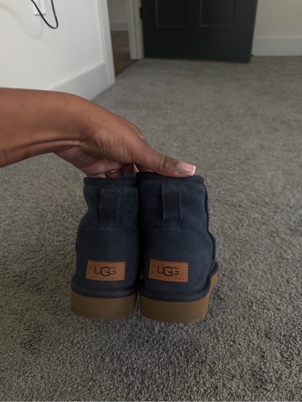 UGG Navy Suede Short Boot with Shearling - Picture 2 of 5